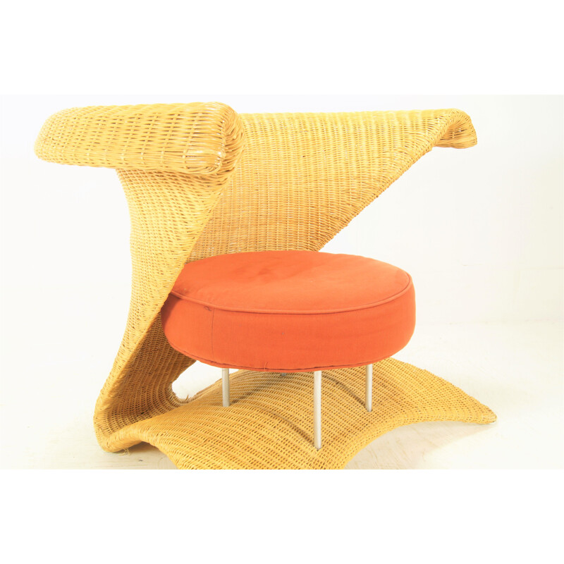 Vintage rattan and cotton armchair, 1970s