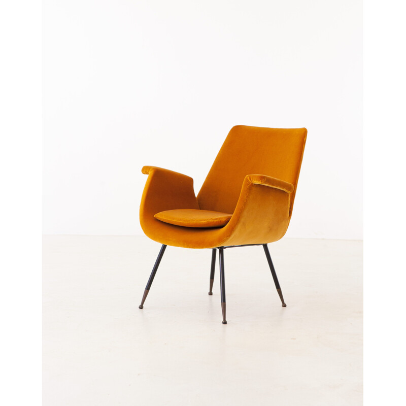 Fauteuil lounge vintage en velours jaune par Gastone Rinaldi, 1950