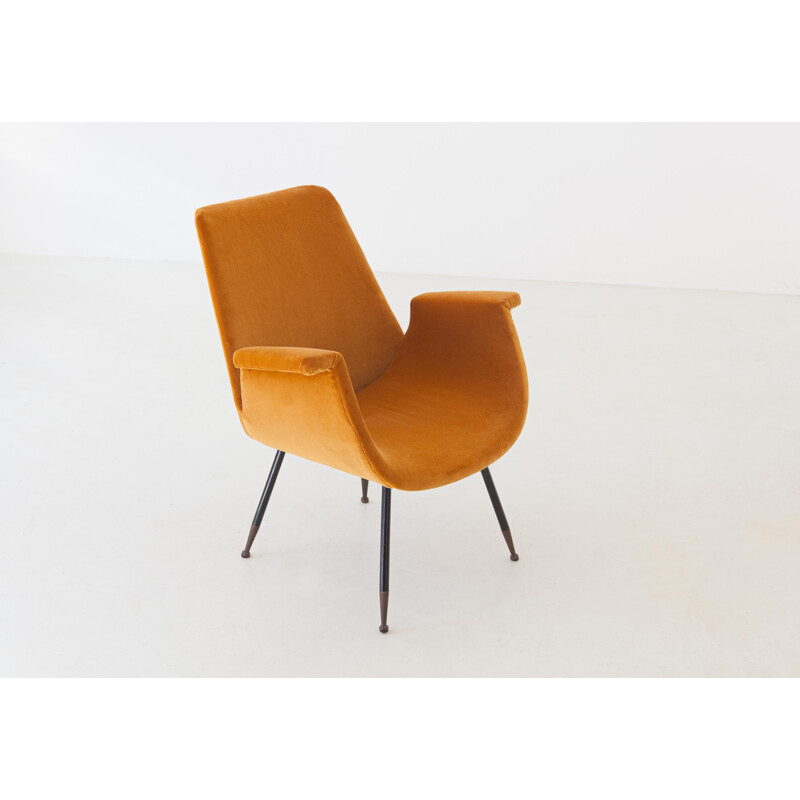 Vintage yellow velvet lounge armchair by Gastone Rinaldi, 1950s