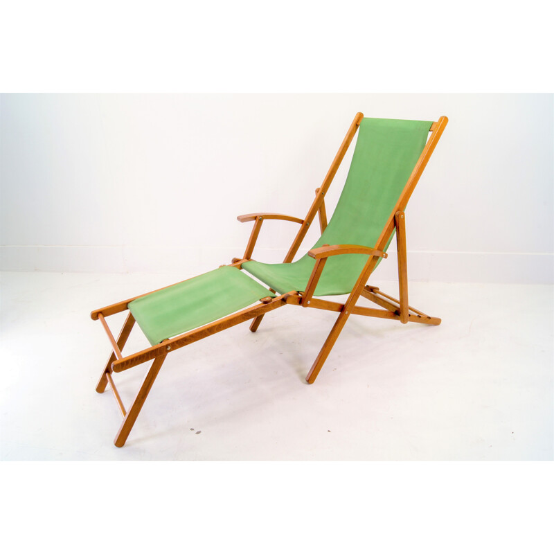 Vintage green cotton and wood lounge chair, 1940s