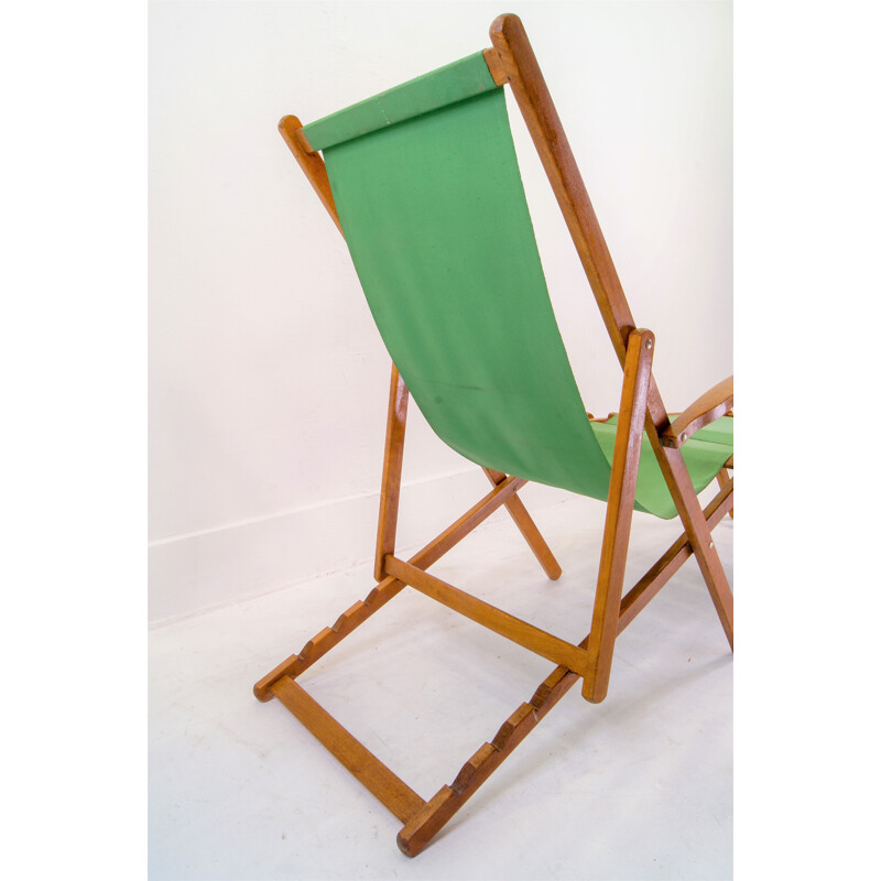 Vintage green cotton and wood lounge chair, 1940s