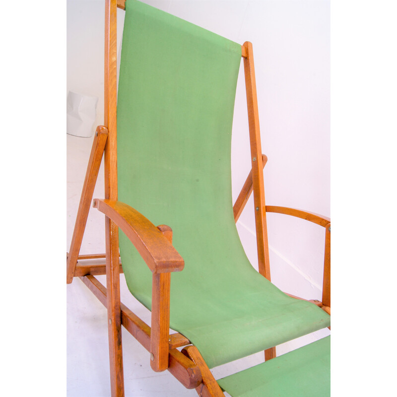 Vintage green cotton and wood lounge chair, 1940s