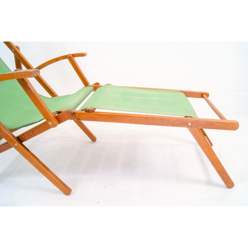 Chaise longue vintage en coton vert et en bois, 1940