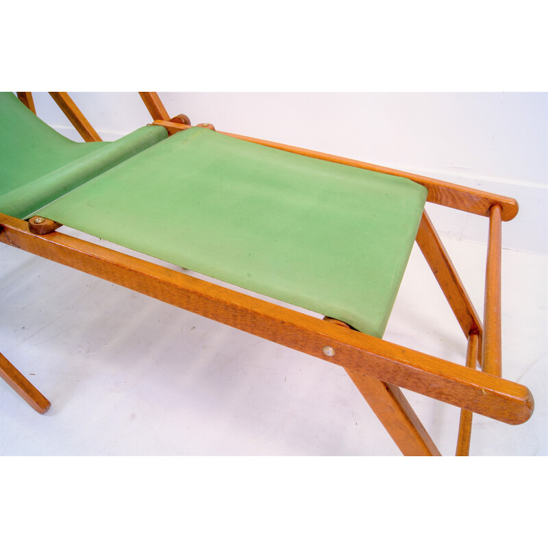 Vintage green cotton and wood lounge chair, 1940s