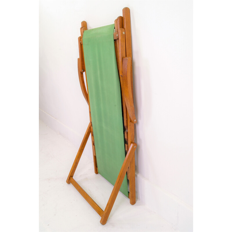 Chaise longue vintage en coton vert et en bois, 1940