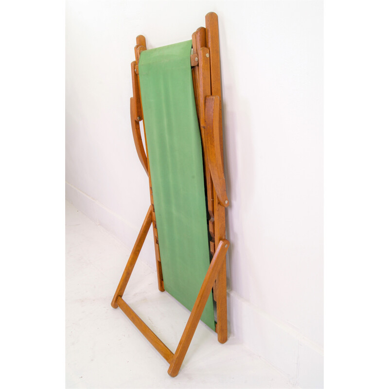 Vintage green cotton and wood lounge chair, 1940s