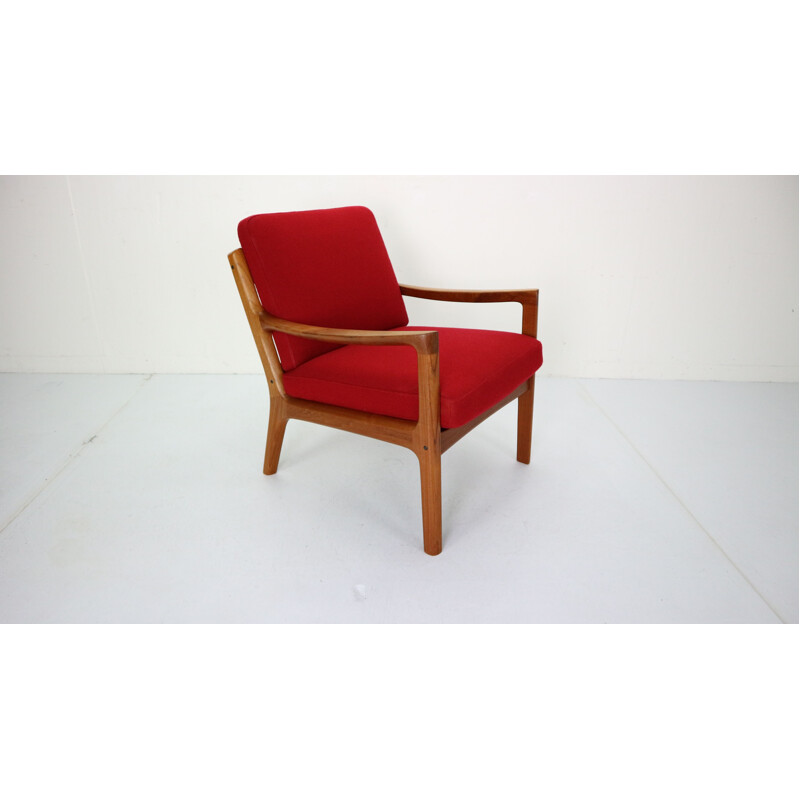 Fauteuil rouge vintage par Ole Wanscher pour France & Son, 1950