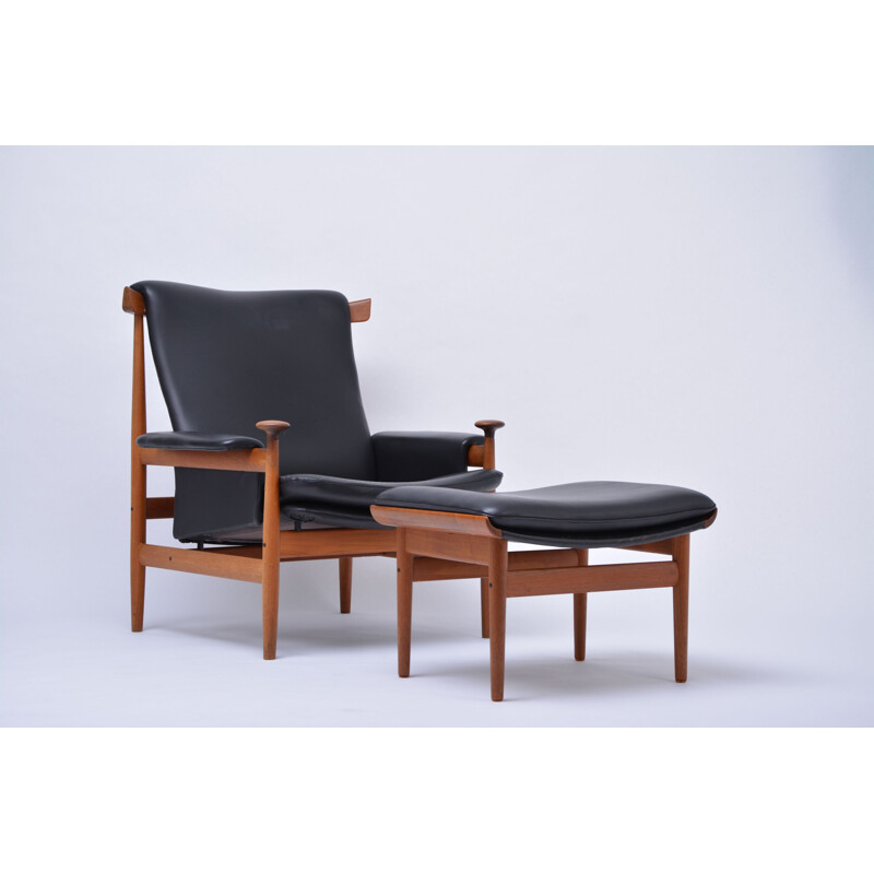 Black vintage armchair model Bwana with foot stool by Finn Juhl for France & Sons, 1960s