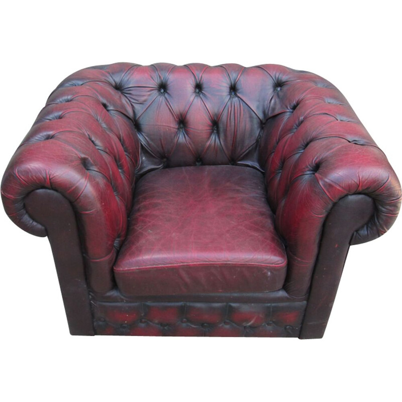 Chesterfield oxblood leather vintage armchair, 1970s