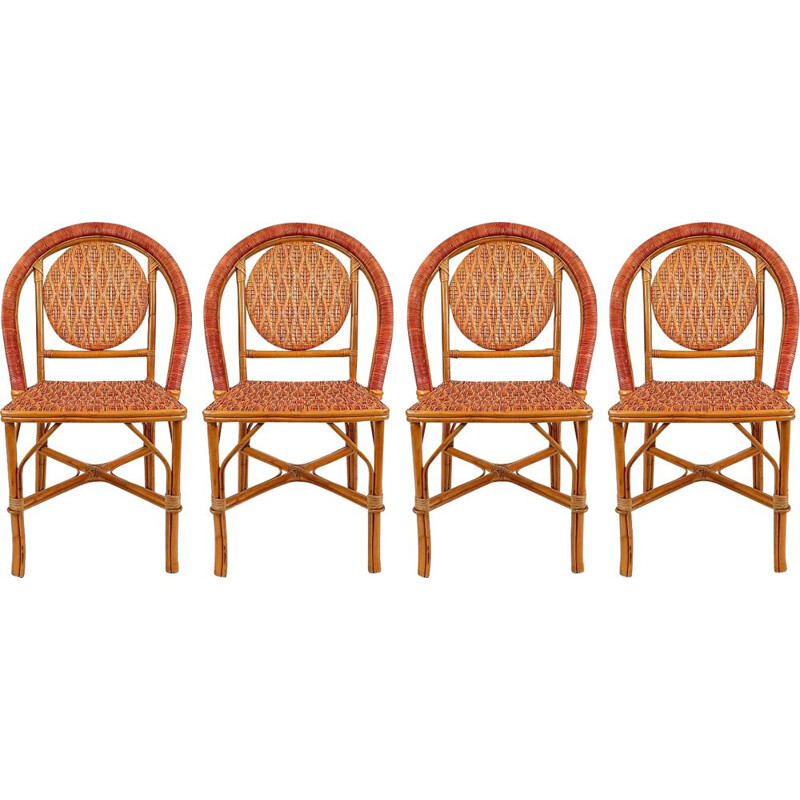 Ensemble de 4 chaises de bistrot vintage françaises en rotin, 1960