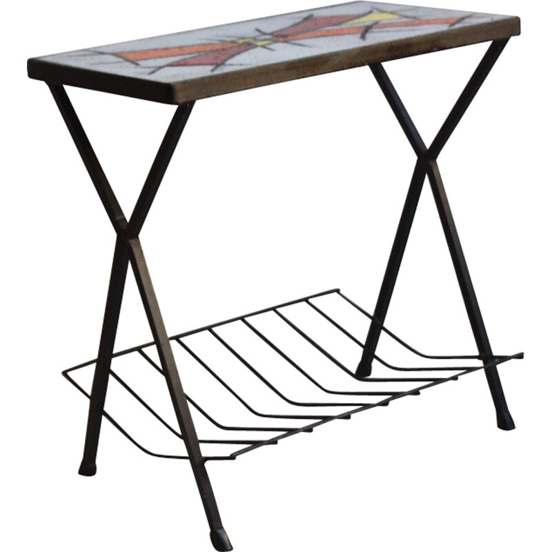 Petite table porte-revues vintage en métal et céramique - 1960