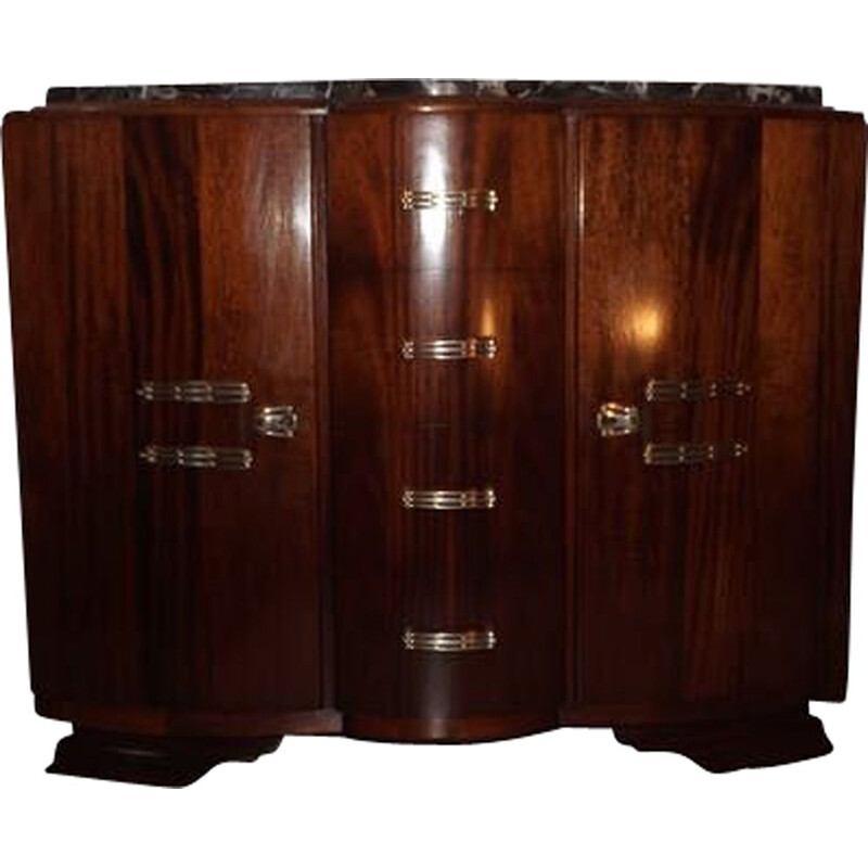 Large vintage buffet in solid mahogany and marble, 1930s