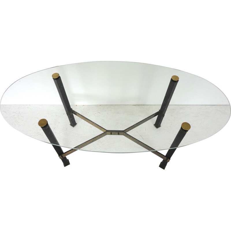 Canasta glass, brass and leather coffee table, Mathieu MATEGOT - 1950s