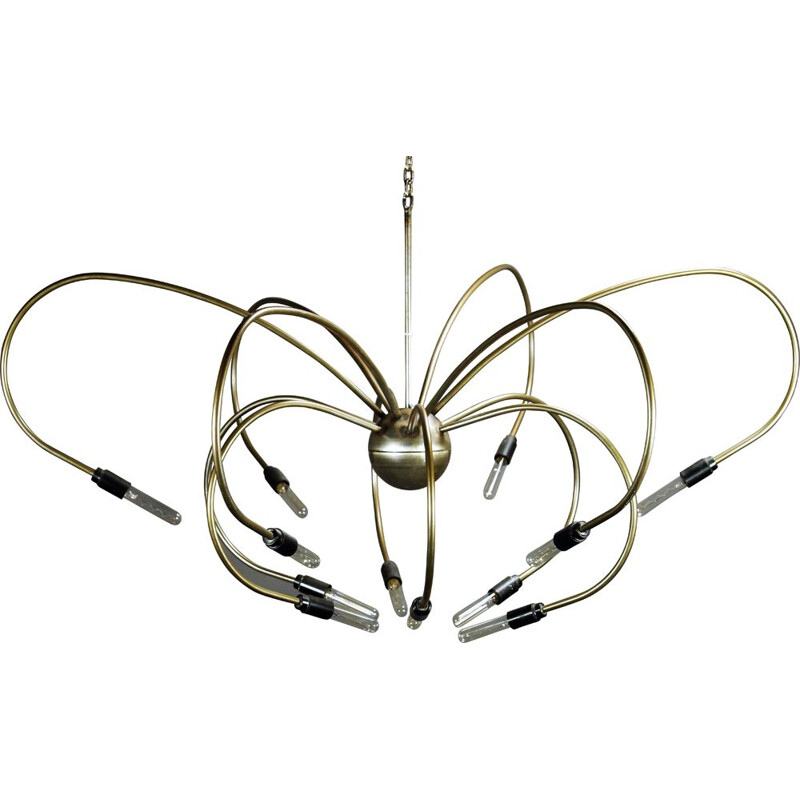 Vintage brass 12-armed chandelier with filiament bulbs, 1980s