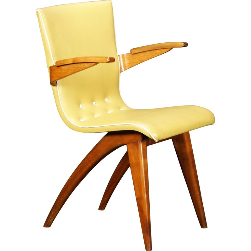 Vintage yellow mahogany and skai chair by C.J. van Os