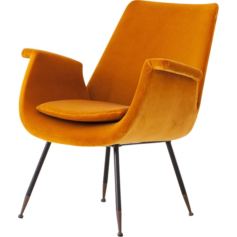 Vintage yellow velvet lounge armchair by Gastone Rinaldi, 1950s