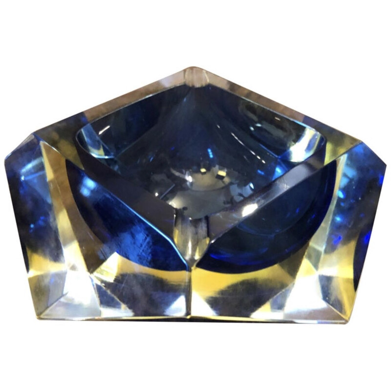 Yellow and blue Murano glass vintage ashtray by Seguso, 1970s