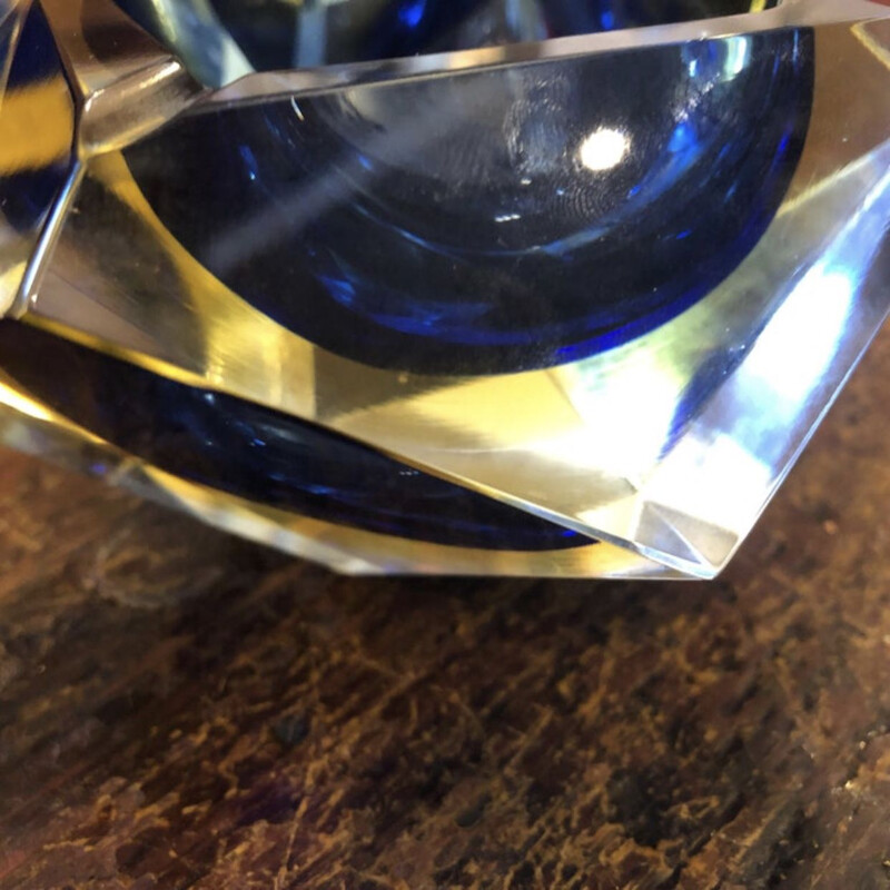 Yellow and blue Murano glass vintage ashtray by Seguso, 1970s