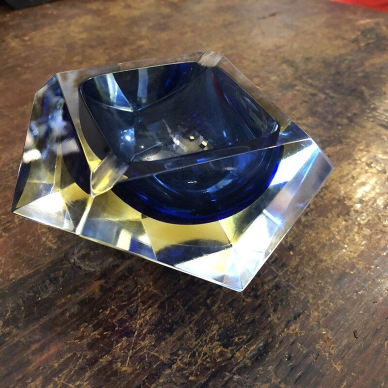 Yellow and blue Murano glass vintage ashtray by Seguso, 1970s