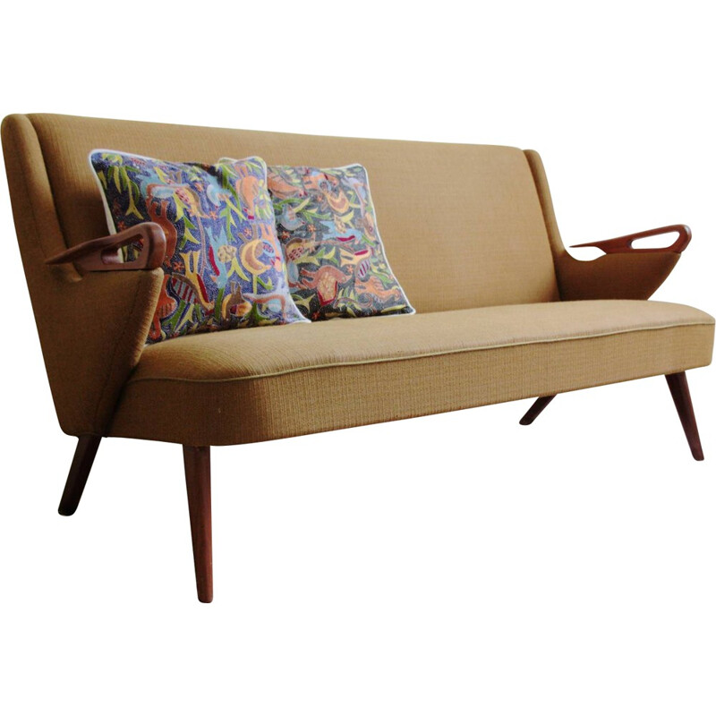 Scandinavian 2 seater sofa in teak and fabric - 1950s