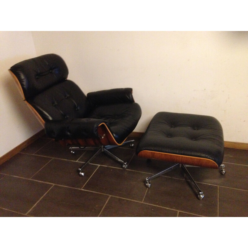 Vintage leather and rosewood armchair and Ottoman by Martin Stoll for Grofilex, 1960