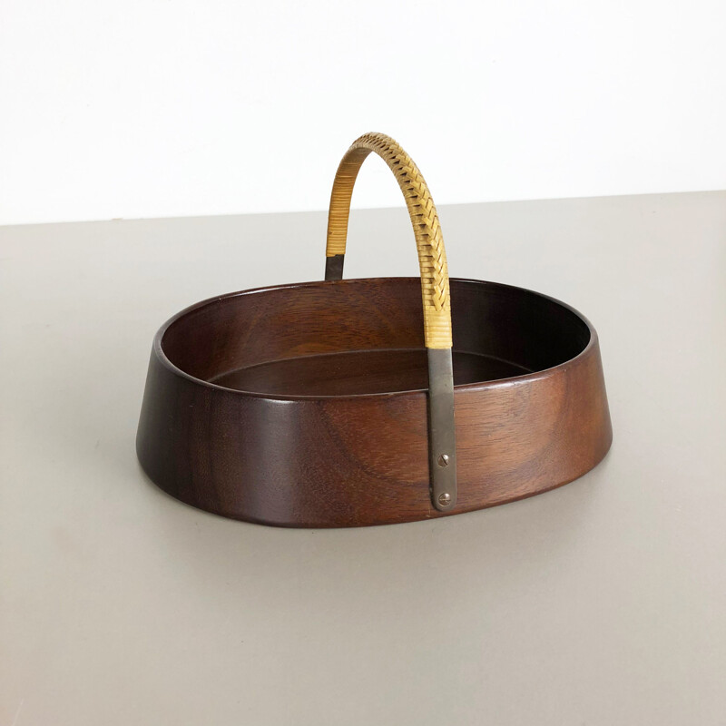 Vintage large teak bowl with brass and rattan handle by Carl Auböck, Austria, 1950s