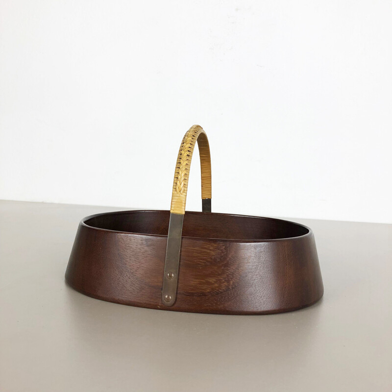 Vintage large teak bowl with brass and rattan handle by Carl Auböck, Austria, 1950s