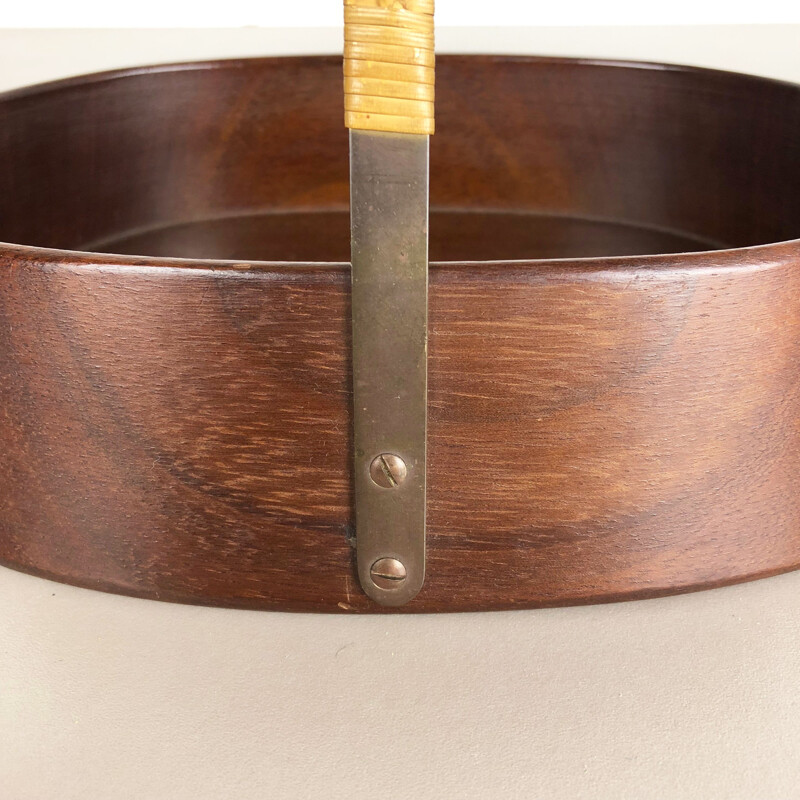 Vintage large teak bowl with brass and rattan handle by Carl Auböck, Austria, 1950s