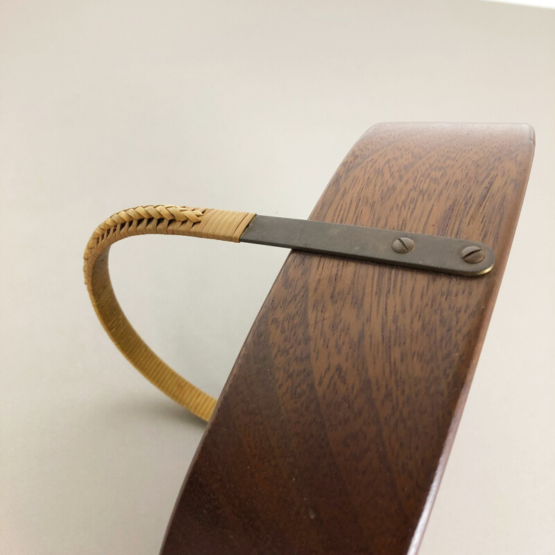 Vintage large teak bowl with brass and rattan handle by Carl Auböck, Austria, 1950s