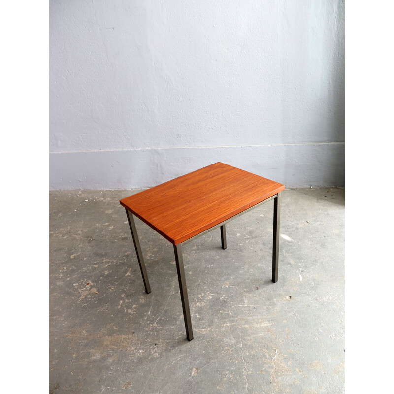 Vintage side table teak top with a grey lacquered metal base 1950s