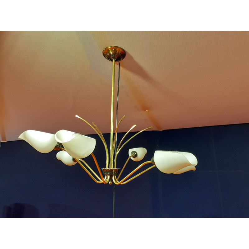 Vintage brass and opaline glass chandelier, 1960s