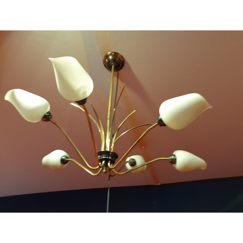 Lampadario vintage in ottone e vetro opalino, 1960