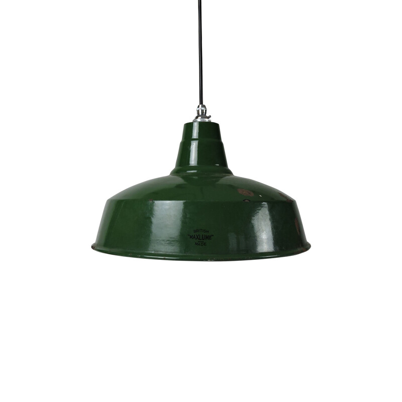 Lámpara de suspensión industrial vintage verde de Maxlume, 1940