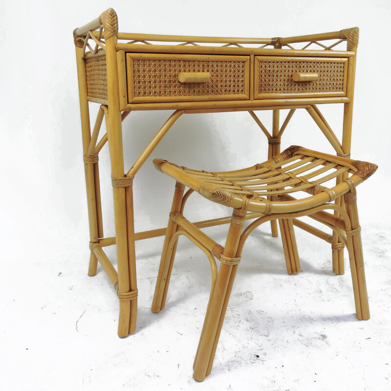 Vintage bamboo & rattan dressing table with stool, 1970s