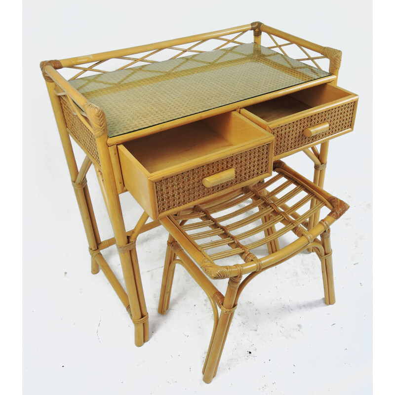 Vintage bamboo & rattan dressing table with stool, 1970s