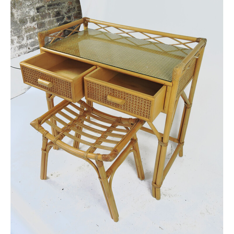 Vintage bamboo & rattan dressing table with stool, 1970s