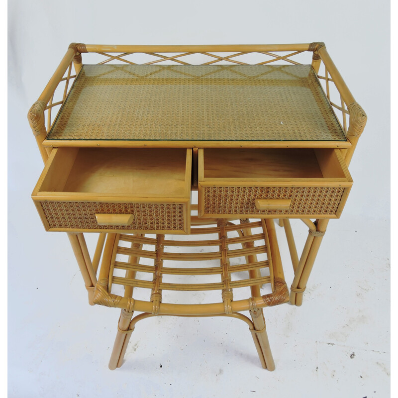 Vintage bamboo & rattan dressing table with stool, 1970s