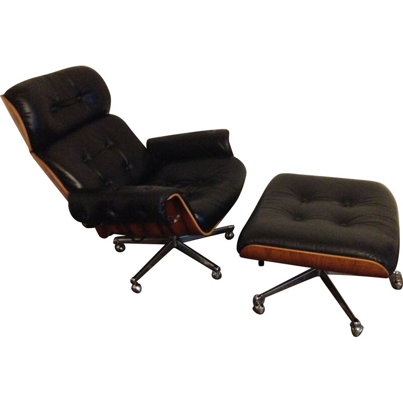 Vintage leather and rosewood armchair and Ottoman by Martin Stoll for Grofilex, 1960