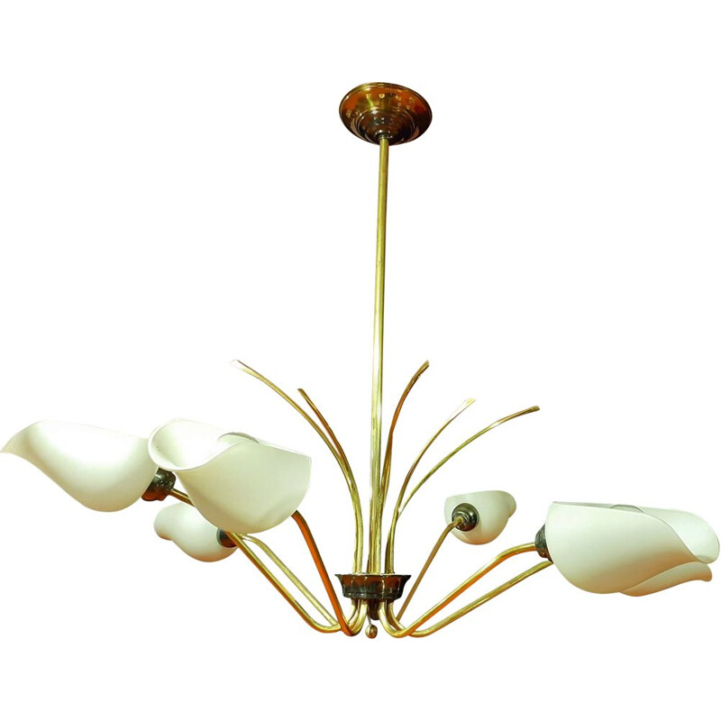 Vintage brass and opaline glass chandelier, 1960s