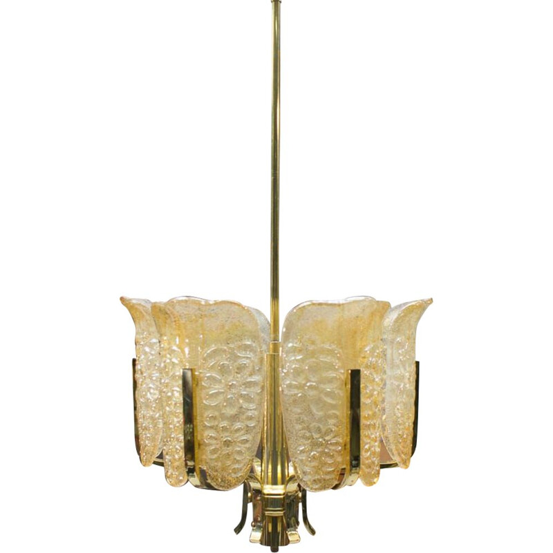 Lámpara de suspensión vintage de vidrio y latón de Carl Fagerlund para Orrefors, 1960