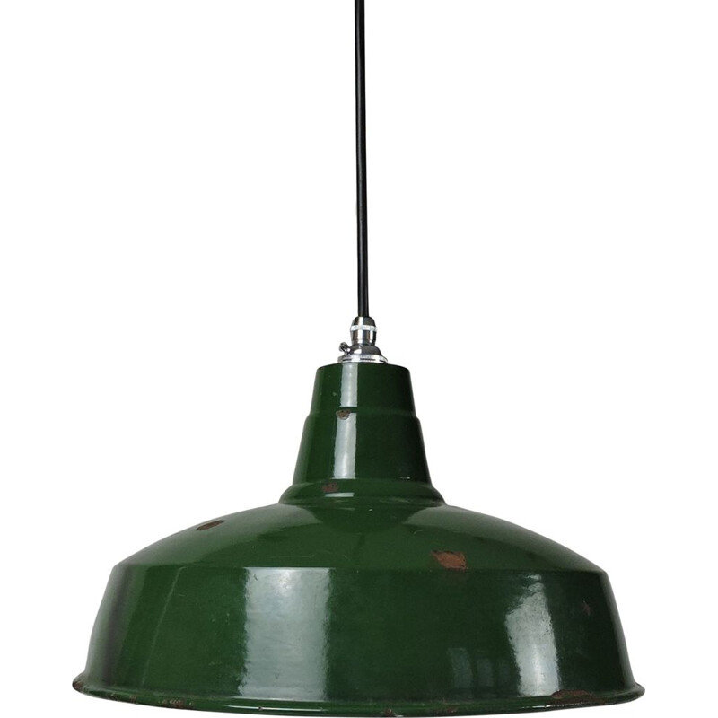 Lâmpada verde de suspensão industrial de vintage da Maxlume, 1940