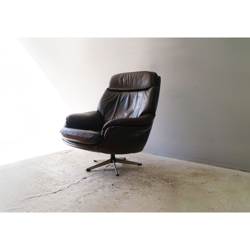 Danish leather swivel vintage armchair, 1960s