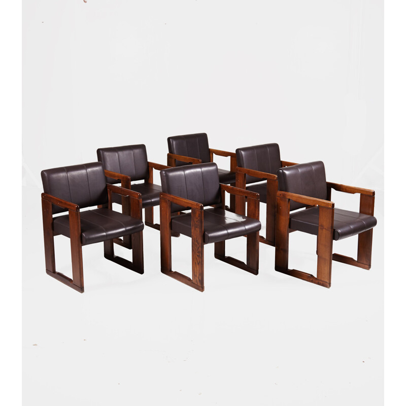 Ensemble de 6 chaises de salle à manger en cuir vintage par Tobia et Afra Scarpa, 1970