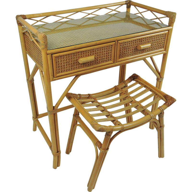 Vintage bamboo & rattan dressing table with stool, 1970s