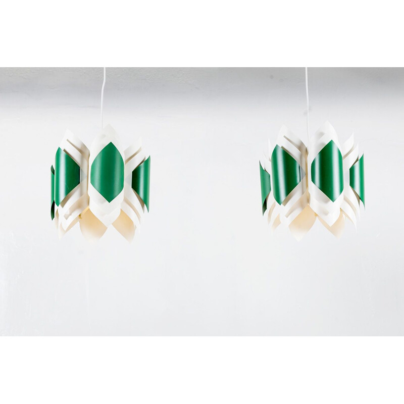 Pair of vintage green and white acrylic pendant lamps by Lars Schiøler for Hoyrup, Denmark 1960