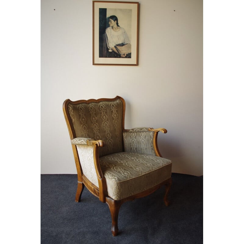 Vintage fabric and wooden armchair, France, 1950s