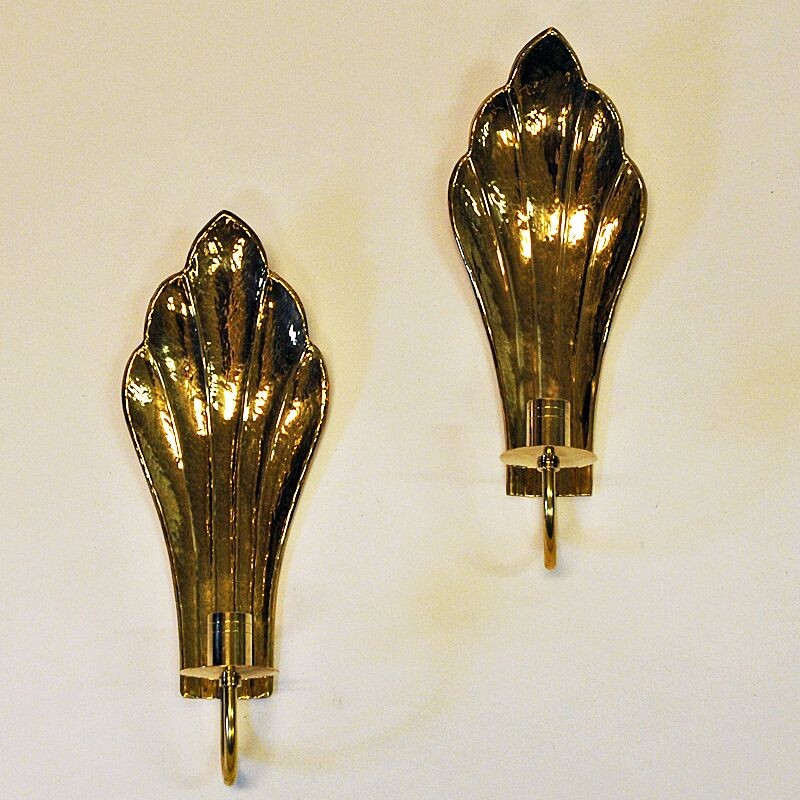 Set of 2 vintage brass wall candleholders by Lars Holmström, Sweden, 1960s