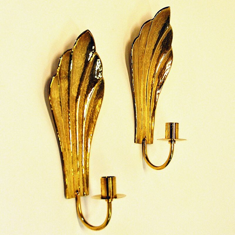 Set of 2 vintage brass wall candleholders by Lars Holmström, Sweden, 1960s