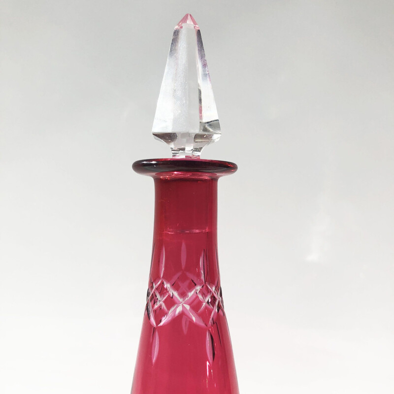Service à liqueur vintage mulicolore en cristal teinté et gravé, Cristallerie de Nancy, France 1950