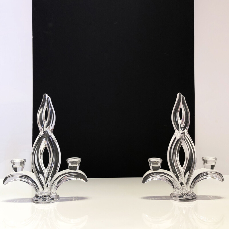 Pair of vintage crystal candlesticks by Pierre d'Avesn , France, 1950